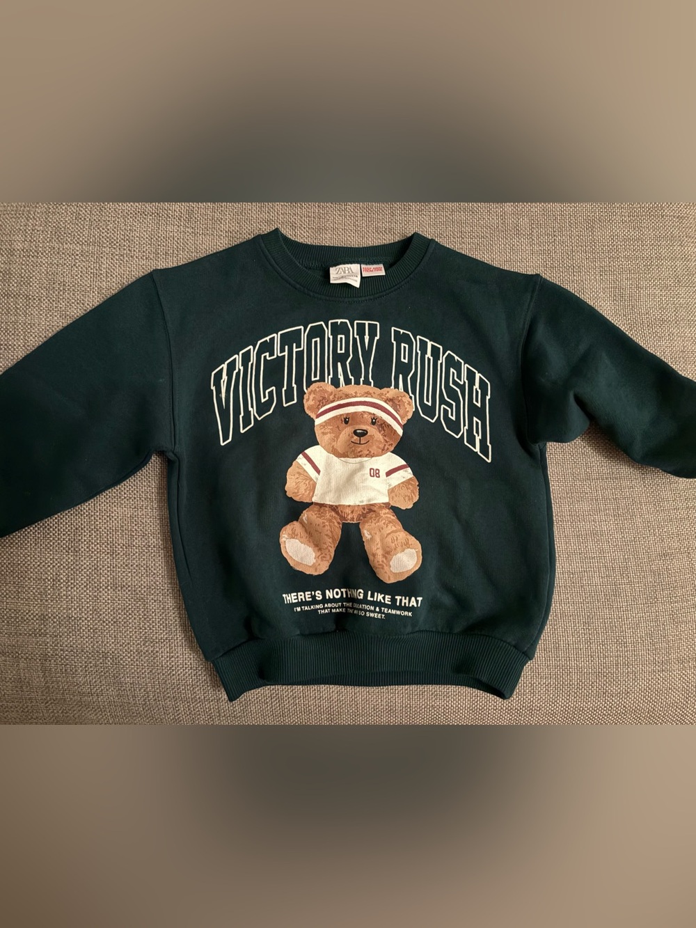 Zara Kids Dark Green Teddy Graphic Sweatshirt with Cream & Brown Accents